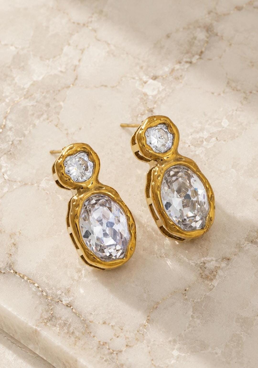 18K Gold Plated Zircon Drop Earrings, Oval Crystal Studs, Statement Jewelry