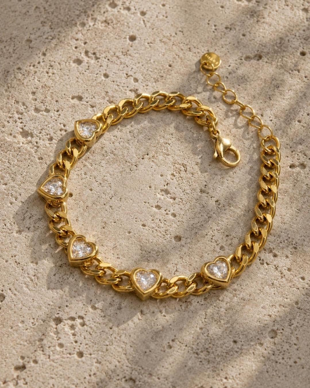 18K Gold Plated Heart Bracelet, Stainless Steel CZ Chain, Romantic Jewelry