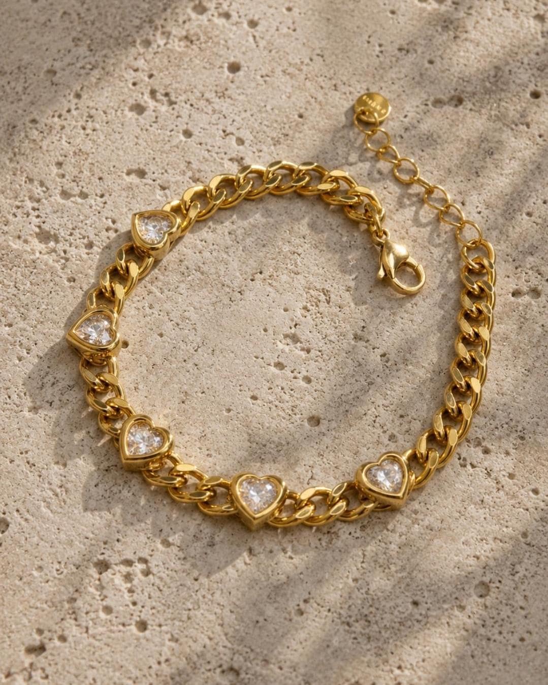 18K Gold Plated Heart Bracelet, Stainless Steel CZ Chain, Romantic Jewelry