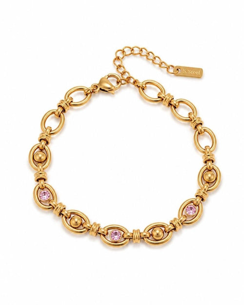 18K Gold Plated Pink Stone Chain Bracelet – Stainless Steel Dainty Jewelry