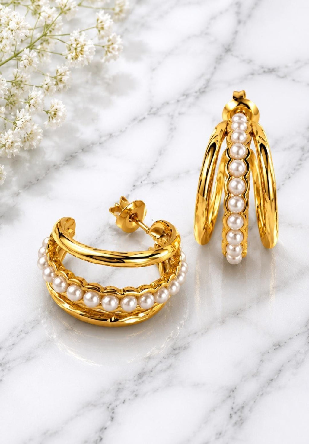 Alessia Gold Pearl Hoop Earrings | Textured Layered 18K Gold Plated Stainless Steel.Dainty Luxury