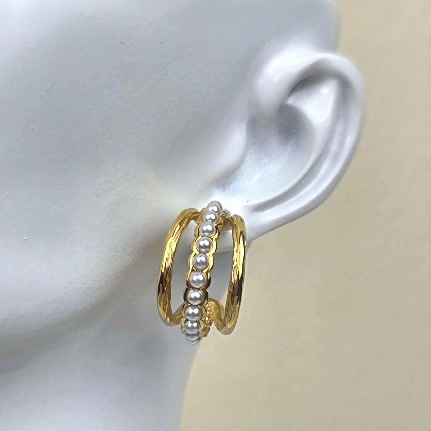 Alessia Gold Pearl Hoop Earrings | Textured Layered 18K Gold Plated Stainless Steel.Dainty Luxury