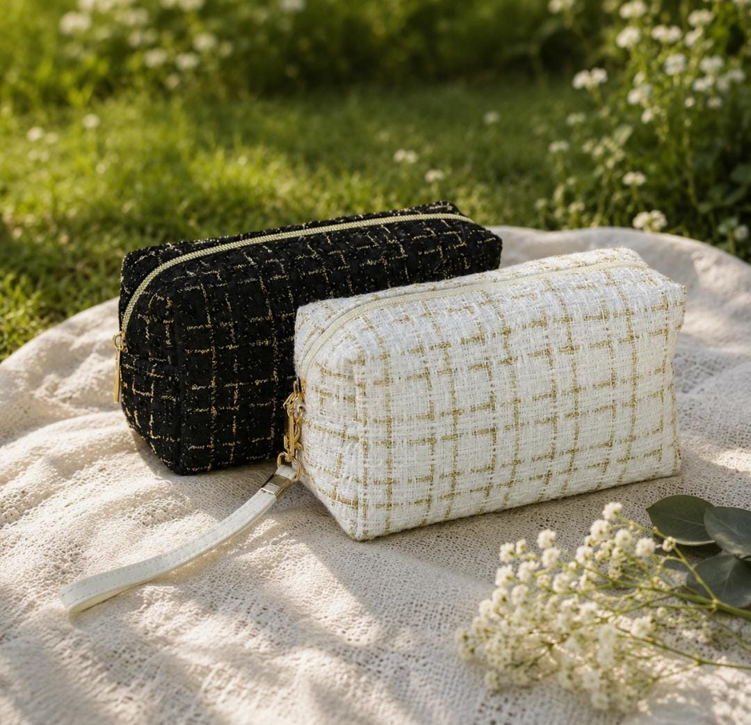 Textured Woven Cosmetic Bag, Gold Accents, Black White Makeup Pouch
