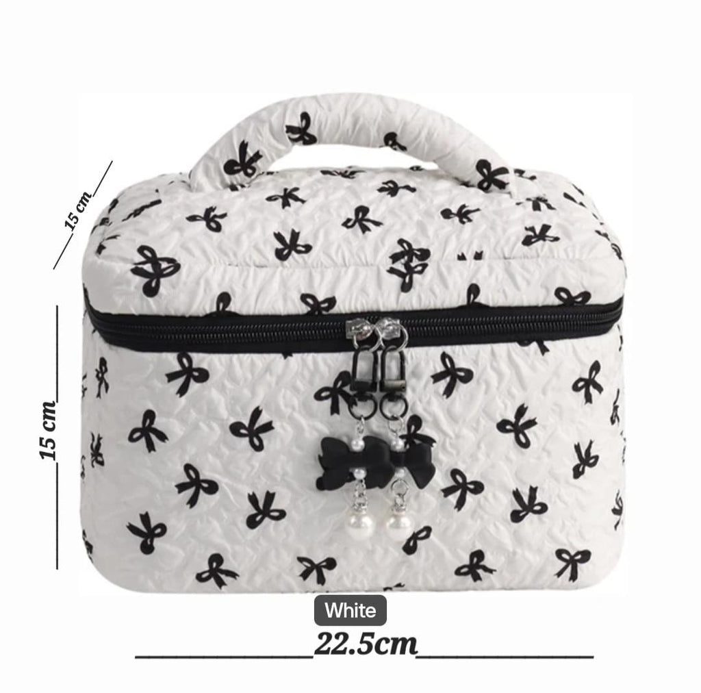 White Quilted Bow Makeup Bag, Double Zipper Travel Cosmetic Case
