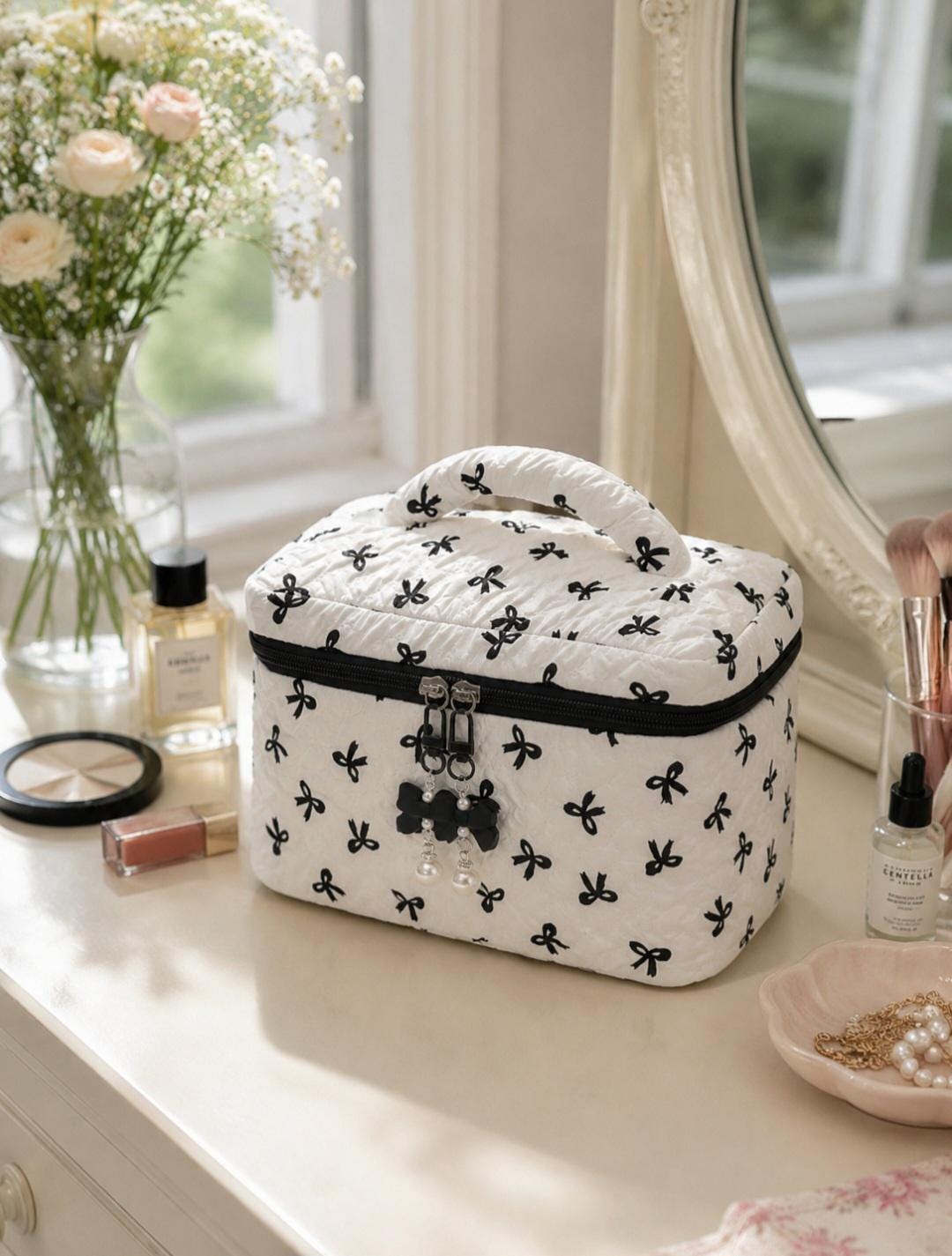White Quilted Bow Makeup Bag, Double Zipper Travel Cosmetic Case