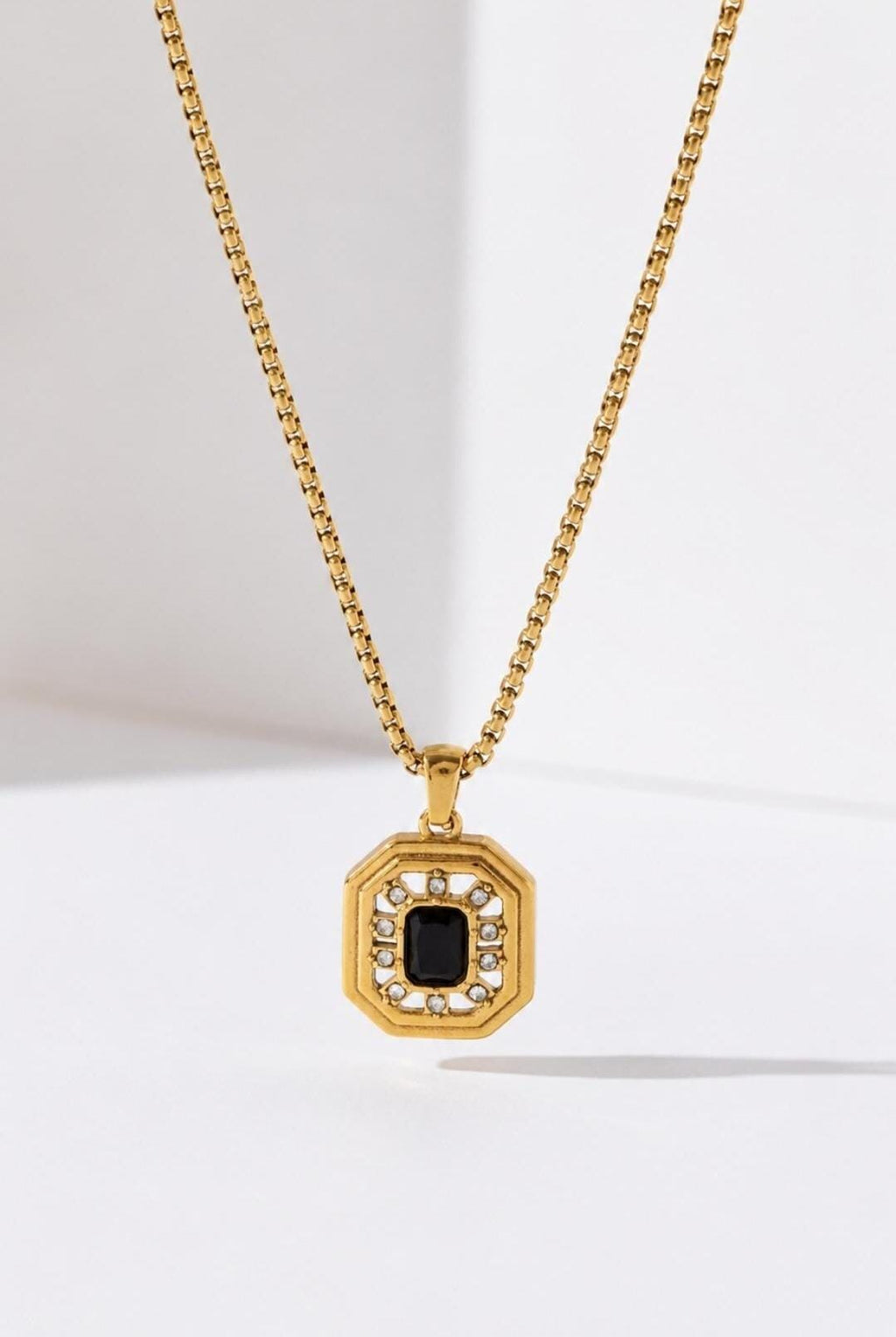 Gold Plated Octagonal Black Stone Pendant Necklace, Geometric Charm, Minimalist Jewelry