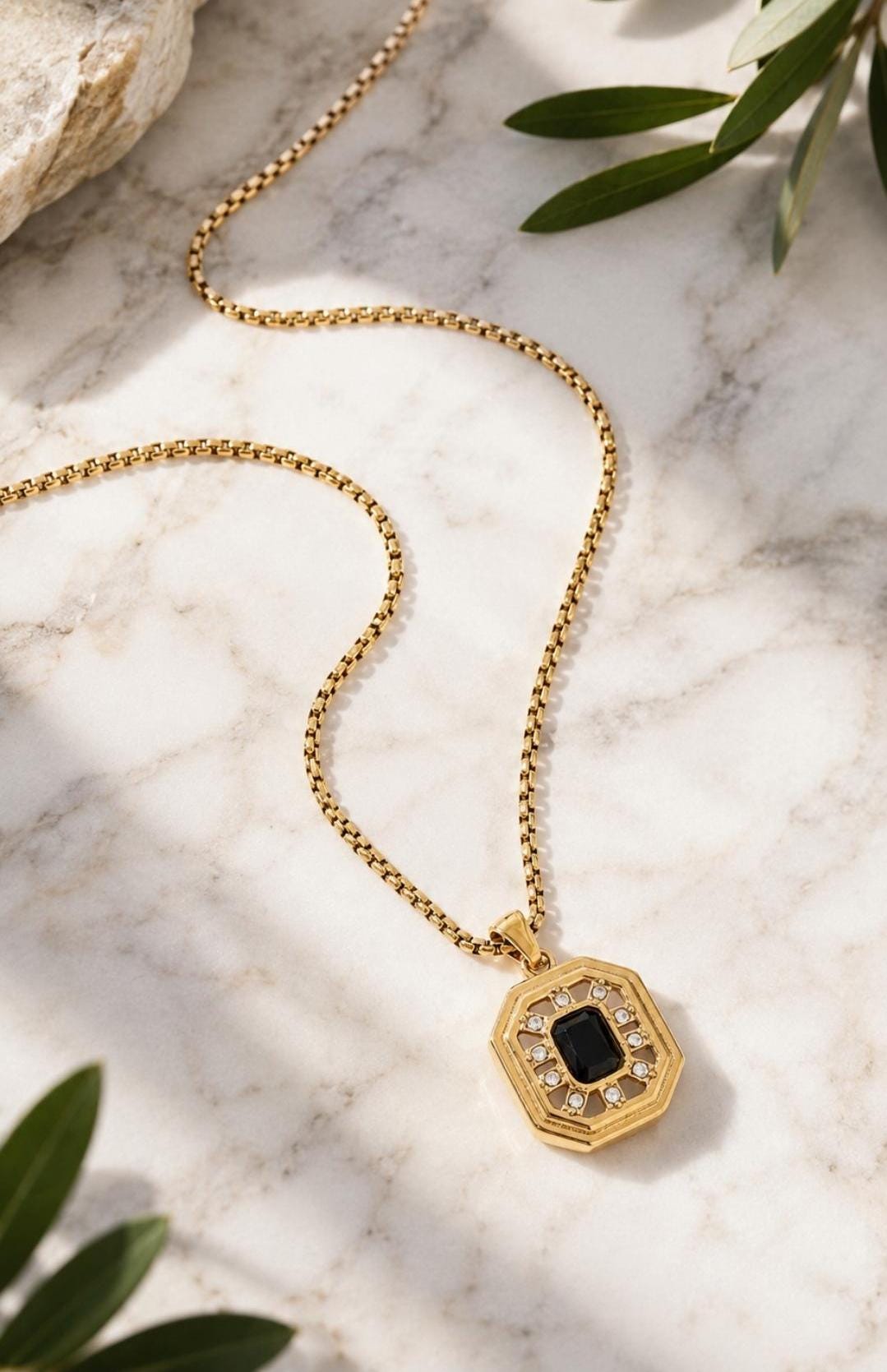 Gold Plated Octagonal Black Stone Pendant Necklace, Geometric Charm, Minimalist Jewelry