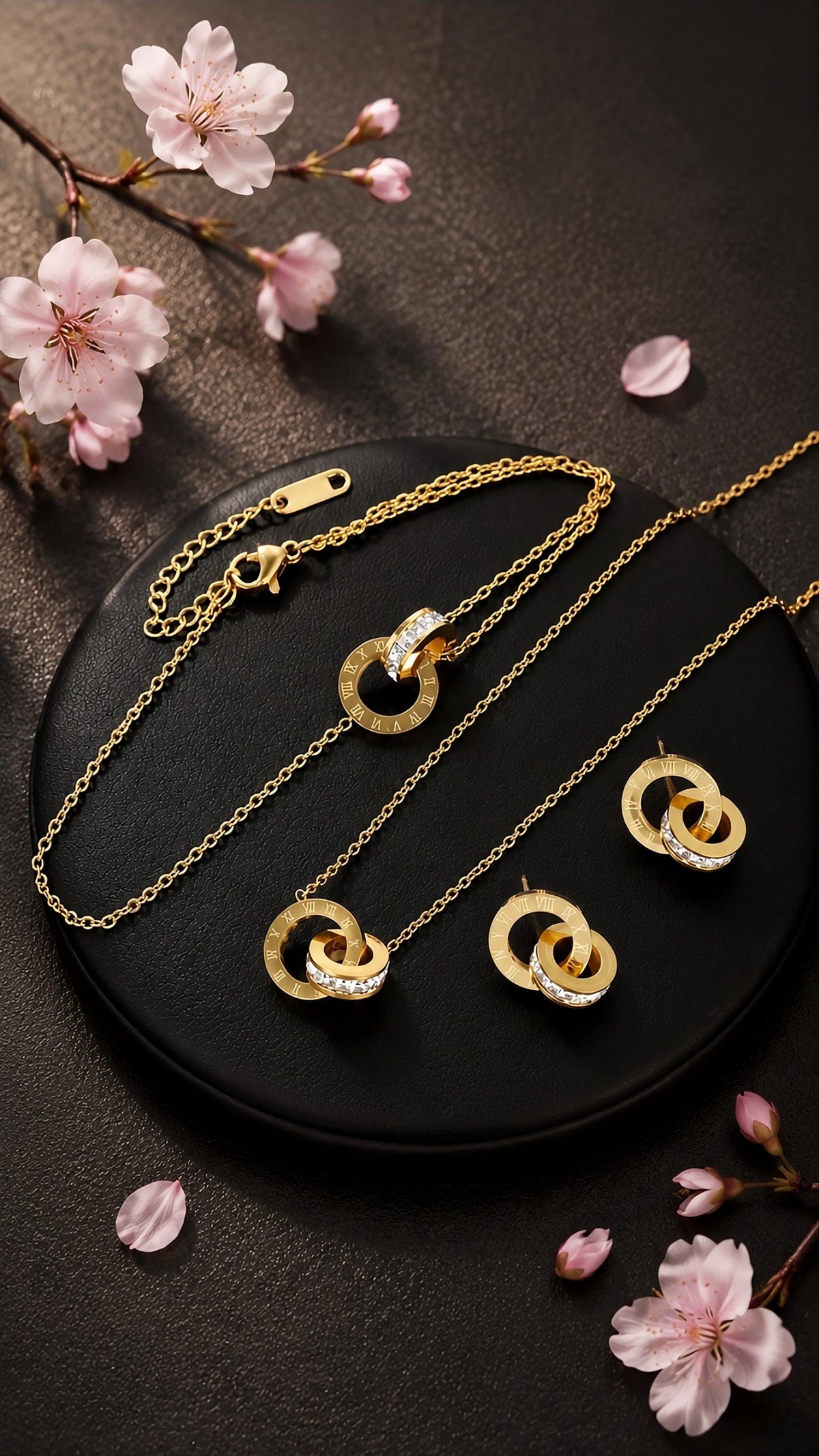 Estelle Roman Numeral Jewelry Set | Gold Zirconia Necklace, Bracelet, Earrings