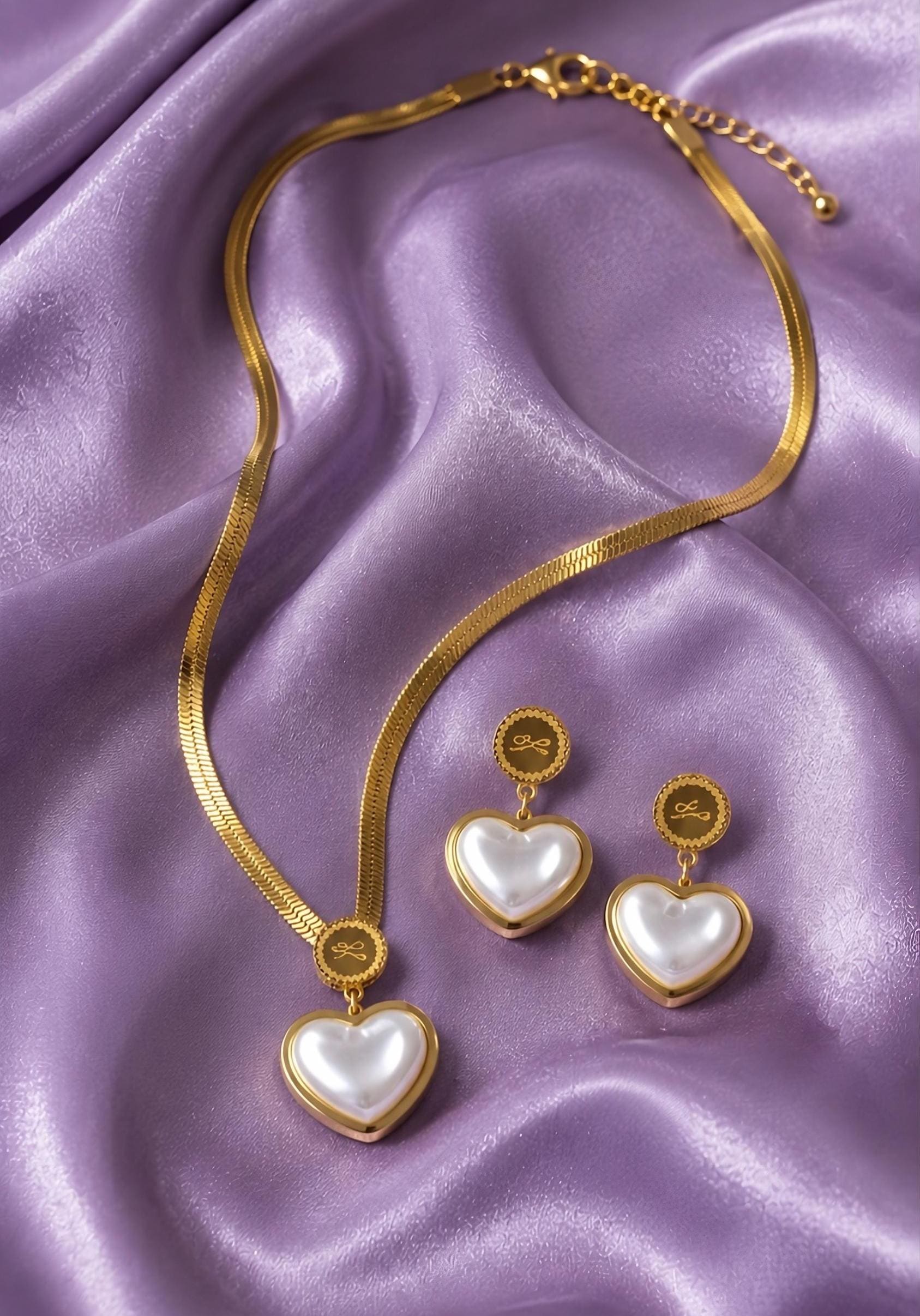 Pearl Heart Necklace Earrings Set | 18K Gold Plated Dainty Jewelry