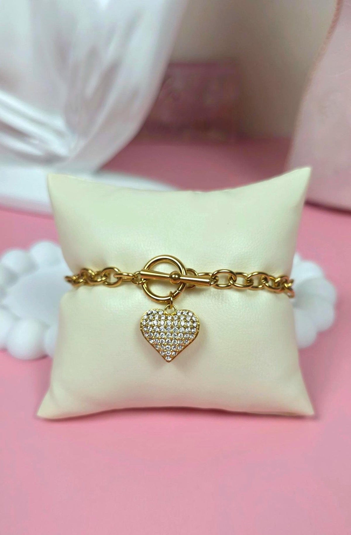 18K Gold Plated Heart Charm Necklace and Bracelet Set, Zircon Pave, Waterproof Tarnish Resistant