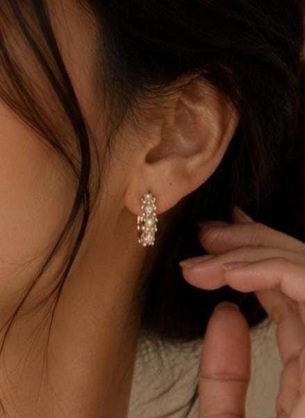 Pearl Zircon Hoop Earrings, 18K Gold Plated Stainless Steel Huggie Statement Jewelry