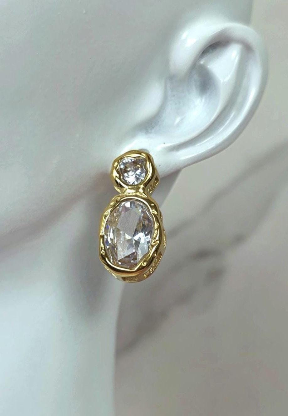 18K Gold Plated Zircon Drop Earrings, Oval Crystal Studs, Statement Jewelry