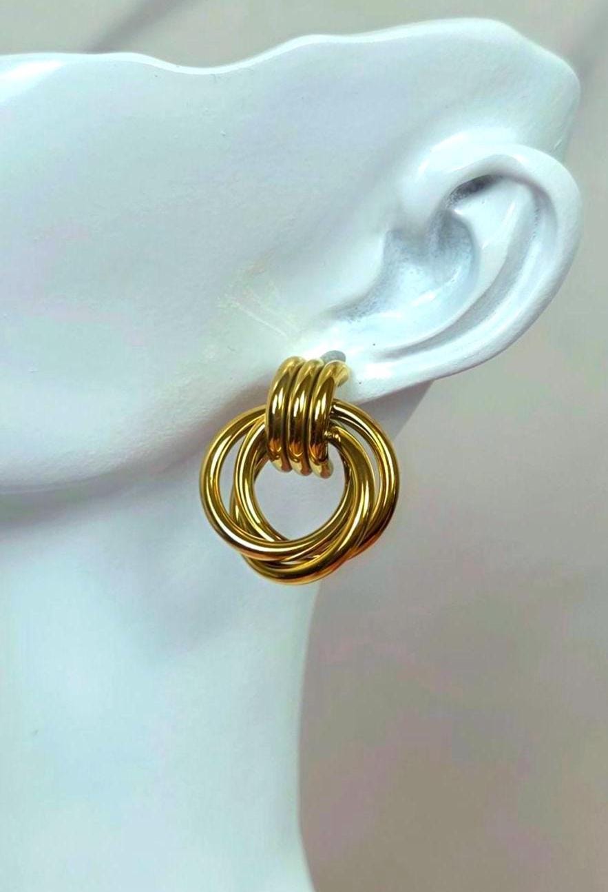 18K Gold Plated Knot Stud Earrings, Interlocking Circles, Modern Sculptural Jewelry