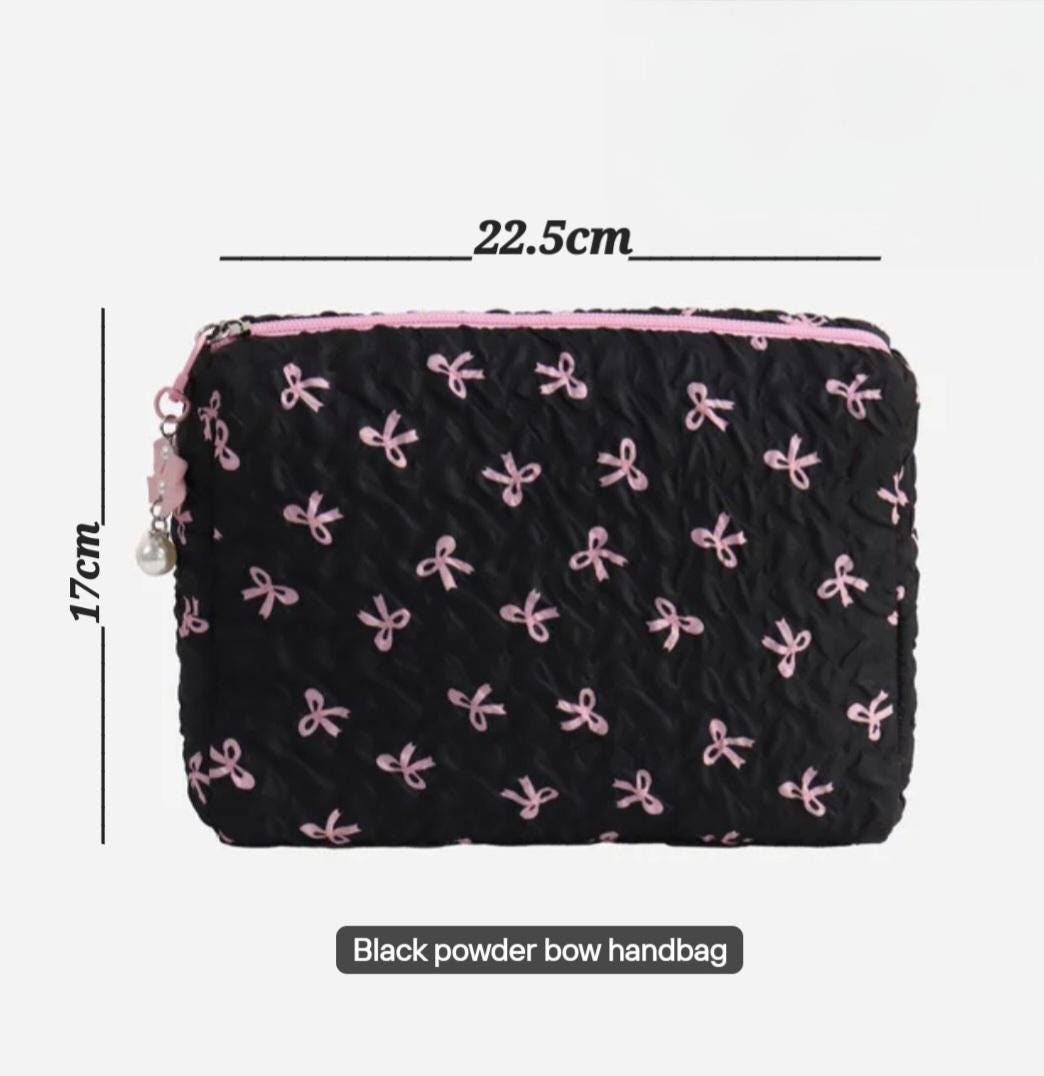 Black Coquette Quilted Makeup Bag, Pink Bow Cosmetic Pouch, Travel Toiletry Organizer
