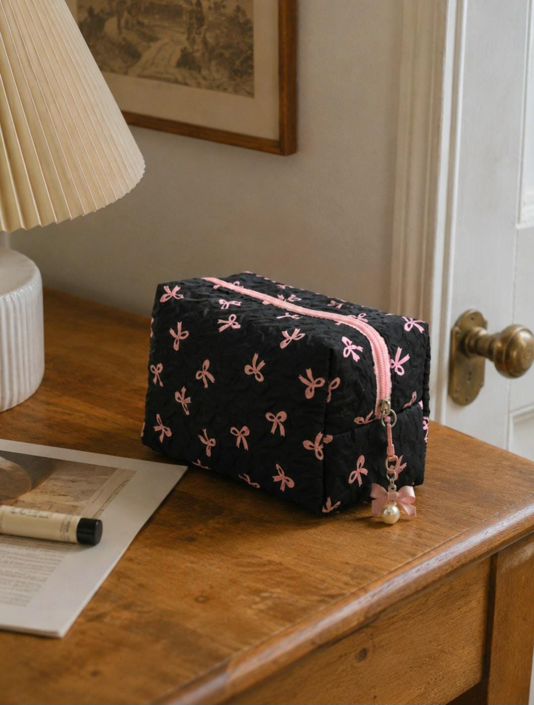 Black Coquette Quilted Makeup Bag, Pink Bow Cosmetic Pouch, Travel Toiletry Organizer