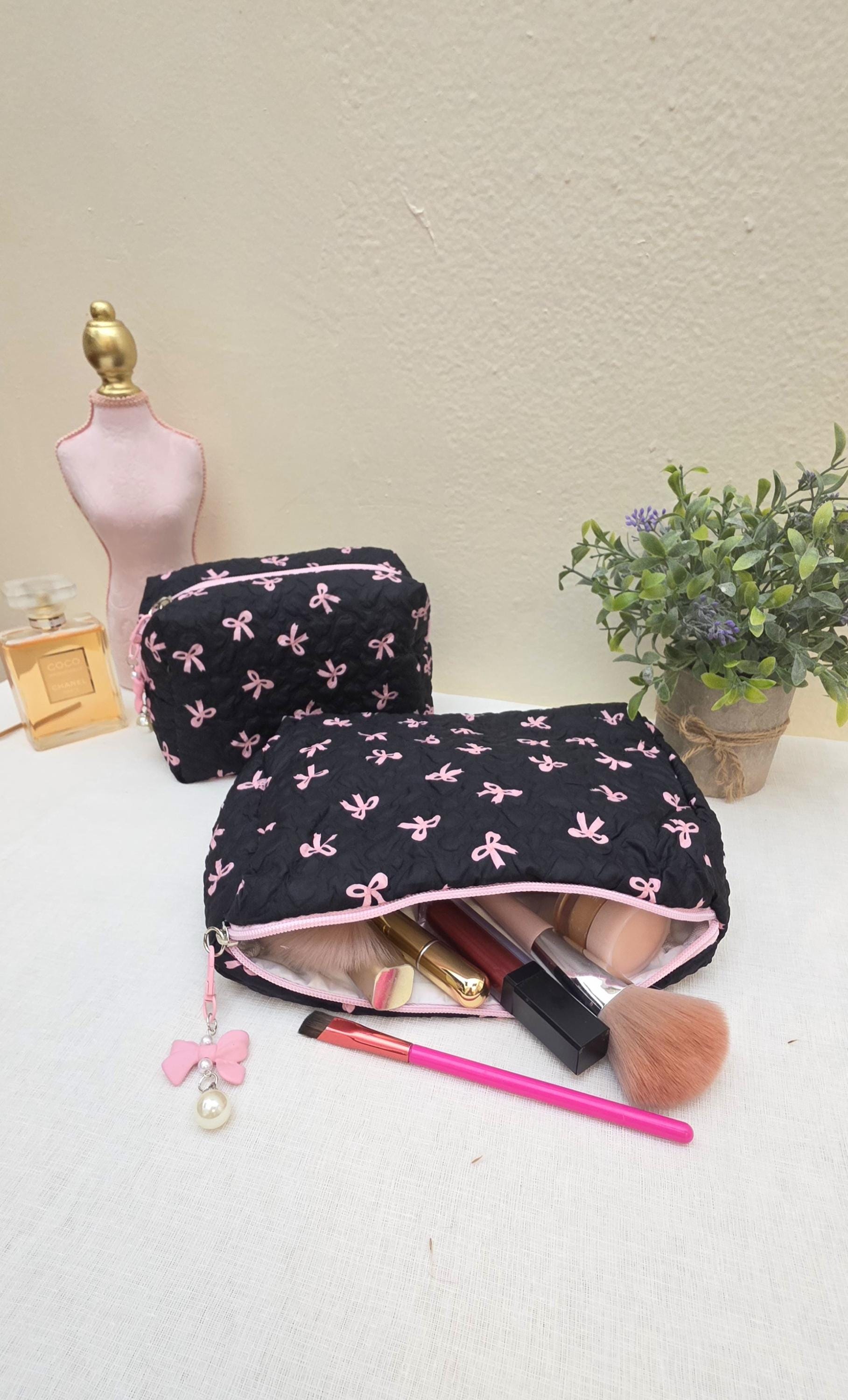 Black Coquette Quilted Makeup Bag, Pink Bow Cosmetic Pouch, Travel Toiletry Organizer