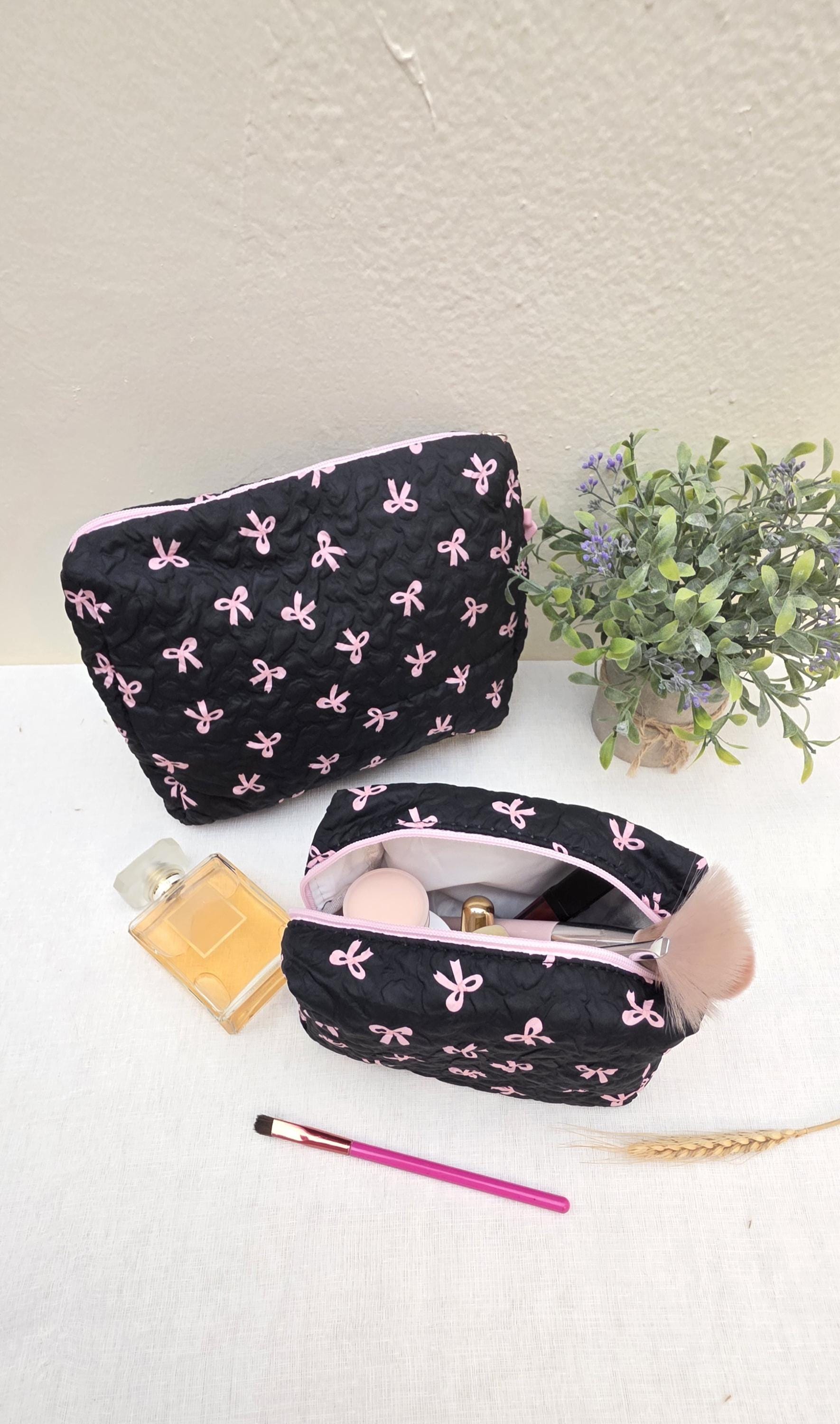 Black Coquette Quilted Makeup Bag, Pink Bow Cosmetic Pouch, Travel Toiletry Organizer