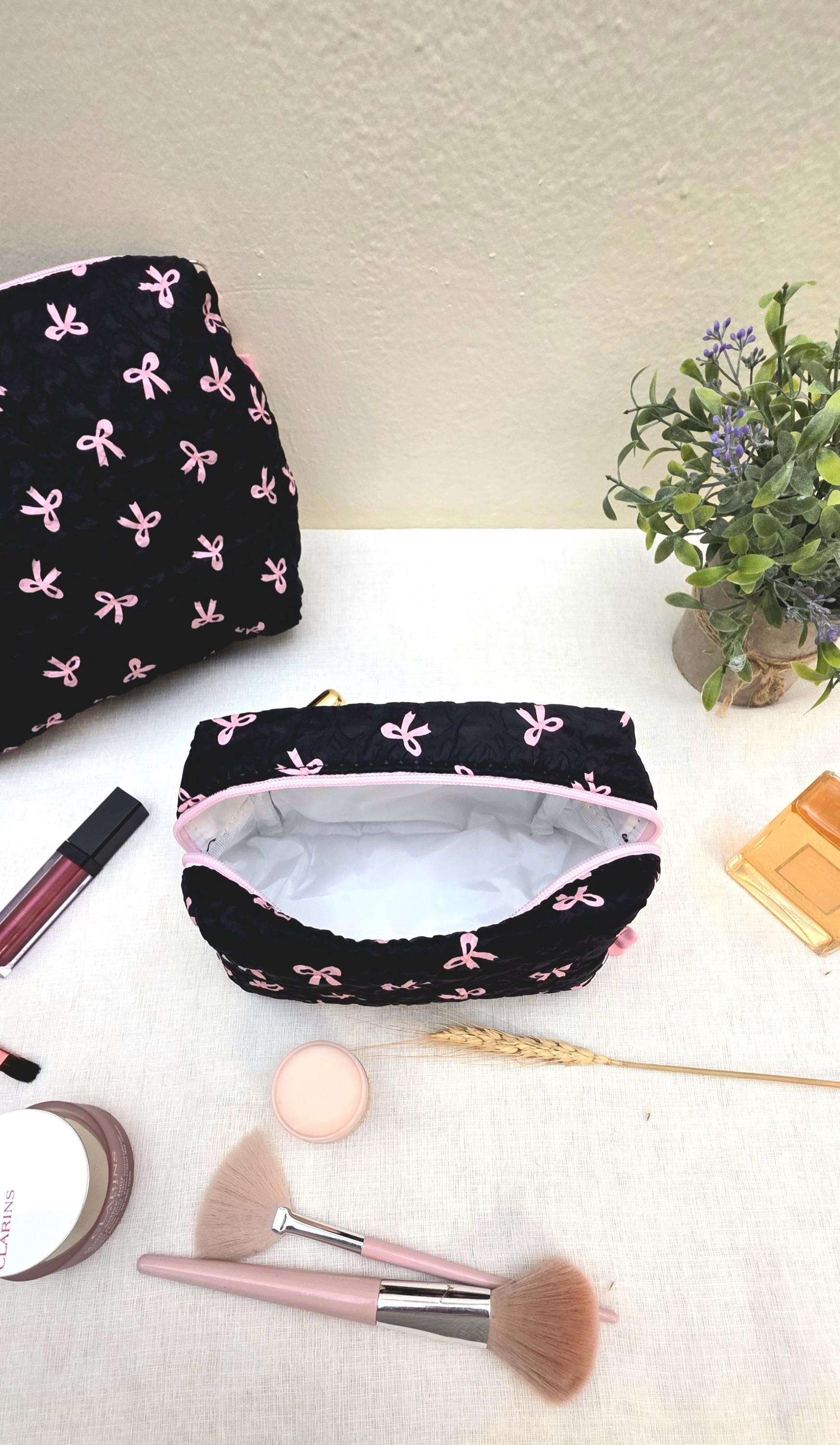 Black Coquette Quilted Makeup Bag, Pink Bow Cosmetic Pouch, Travel Toiletry Organizer
