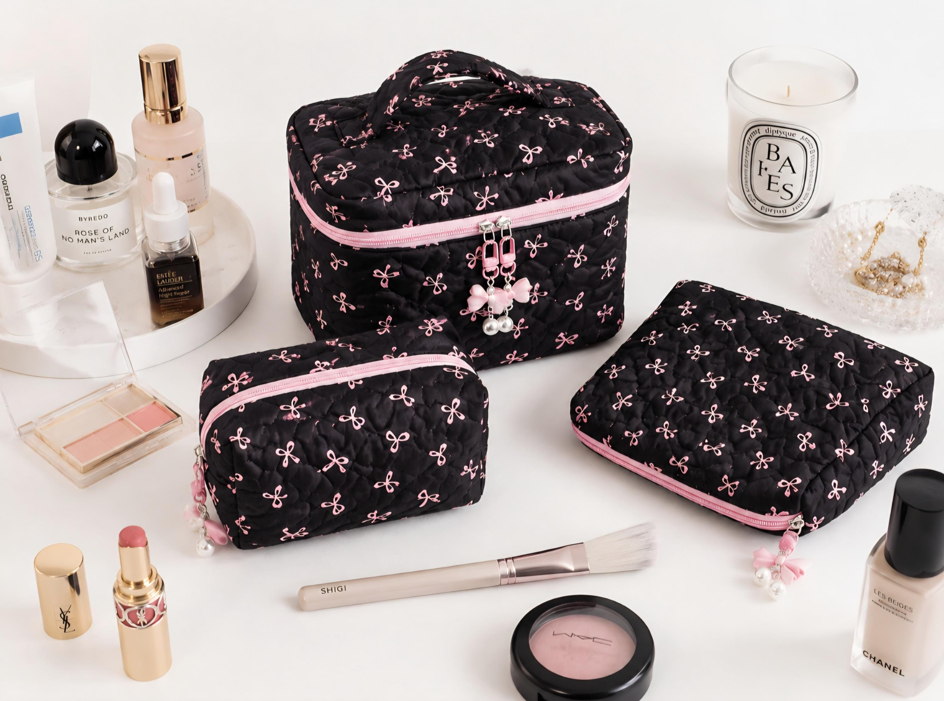 Black Coquette Quilted Makeup Bag, Pink Bow Cosmetic Pouch, Travel Toiletry Organizer