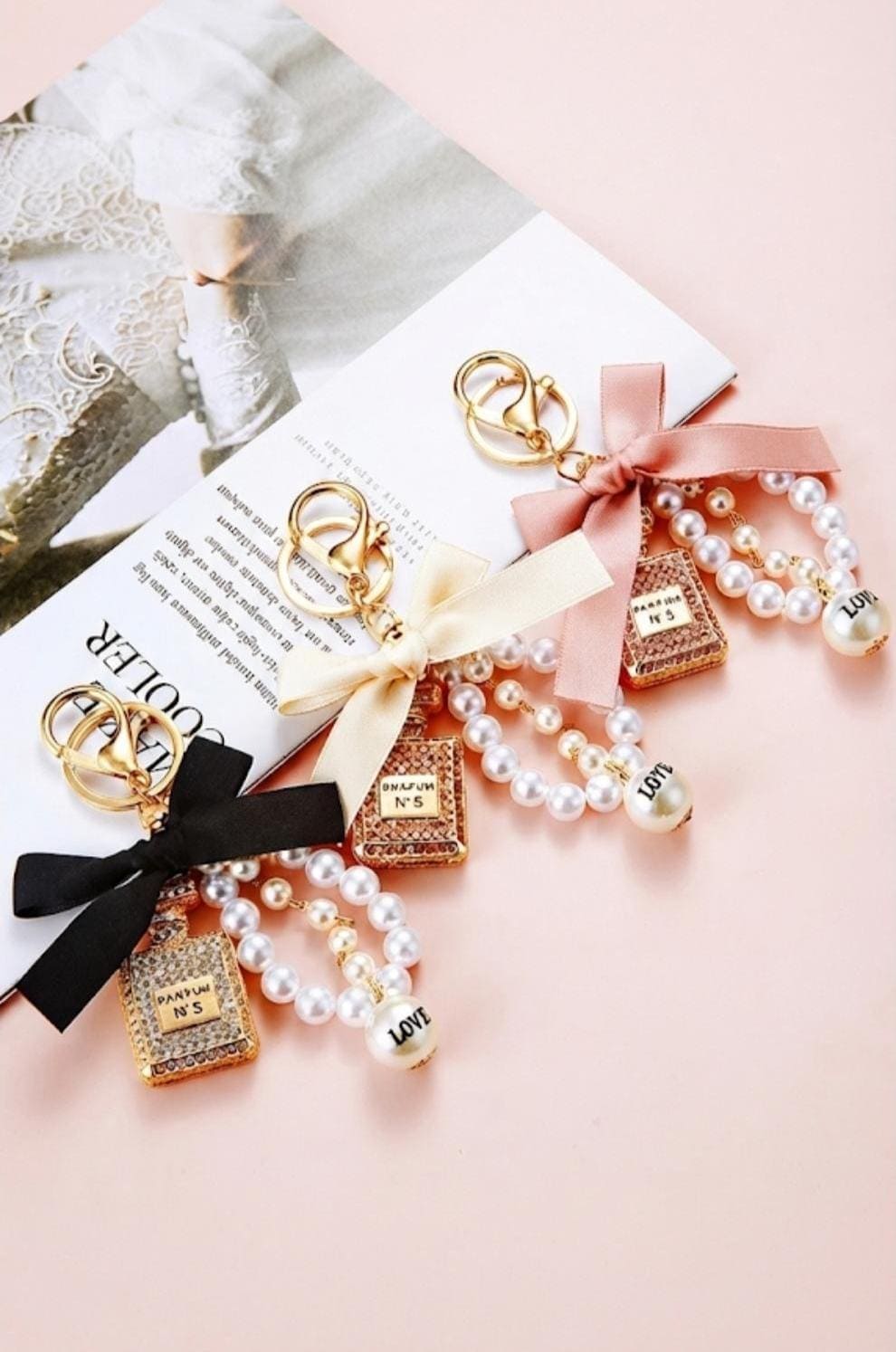Gold Perfume Bottle Charm Keychain, Faux Pearl, Satin Bow, Rhinestone Bag Accessory