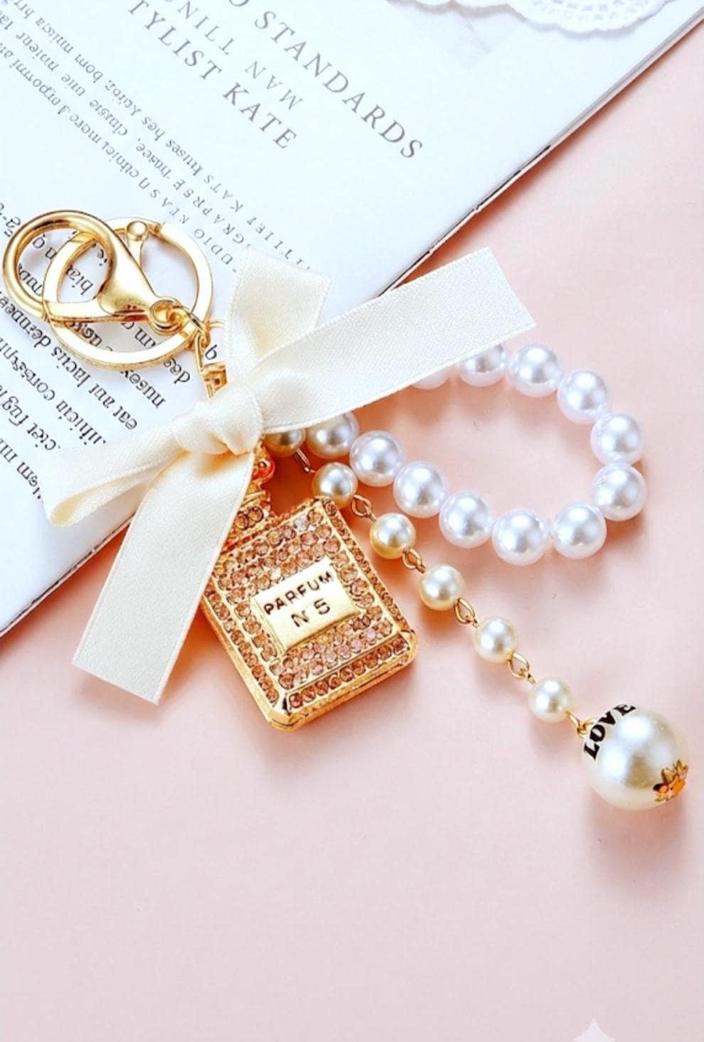 Gold Perfume Bottle Charm Keychain, Faux Pearl, Satin Bow, Rhinestone Bag Accessory