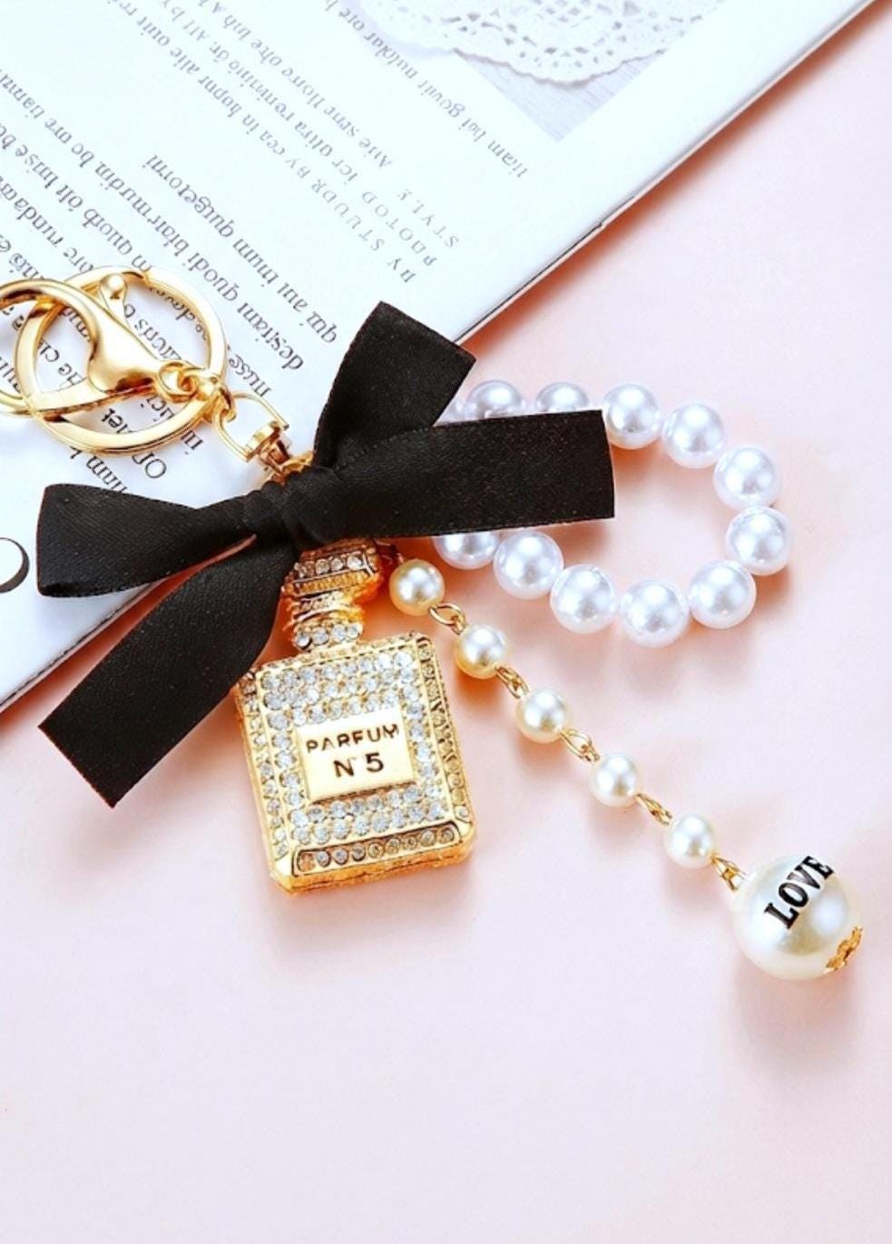 Gold Perfume Bottle Charm Keychain, Faux Pearl, Satin Bow, Rhinestone Bag Accessory