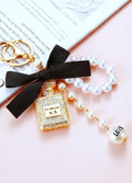 Gold Perfume Bottle Charm Keychain, Faux Pearl, Satin Bow, Rhinestone Bag Accessory