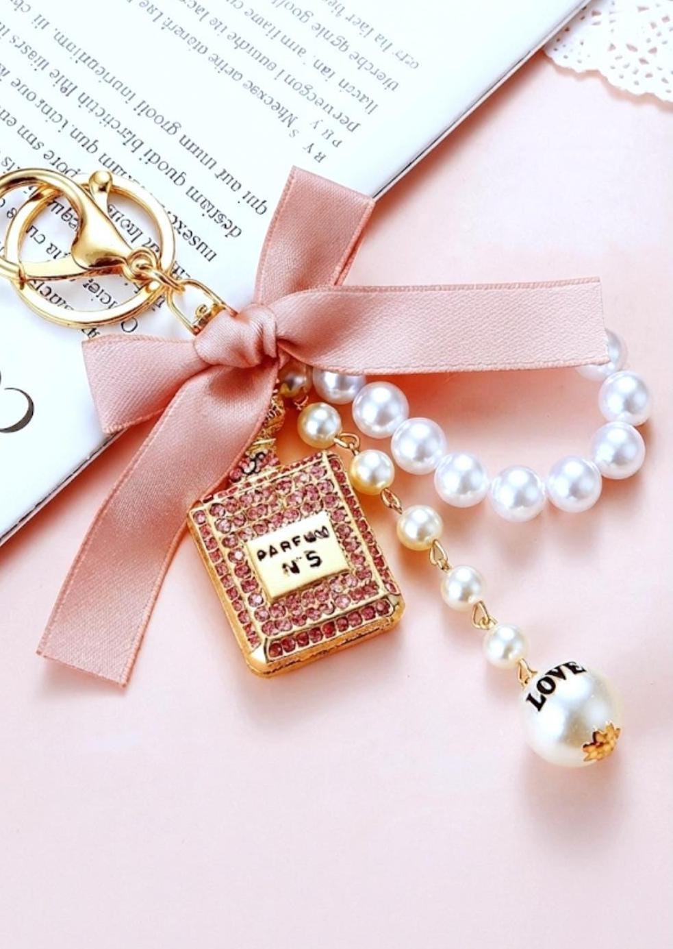 Gold Perfume Bottle Charm Keychain, Faux Pearl, Satin Bow, Rhinestone Bag Accessory