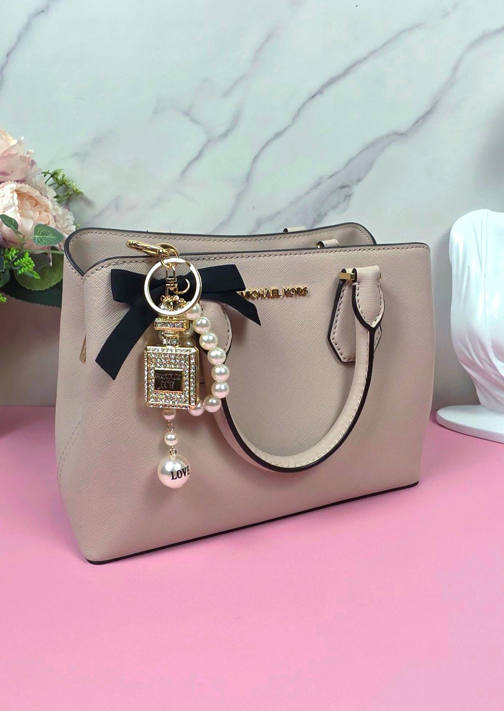Gold Perfume Bottle Charm Keychain, Faux Pearl, Satin Bow, Rhinestone Bag Accessory