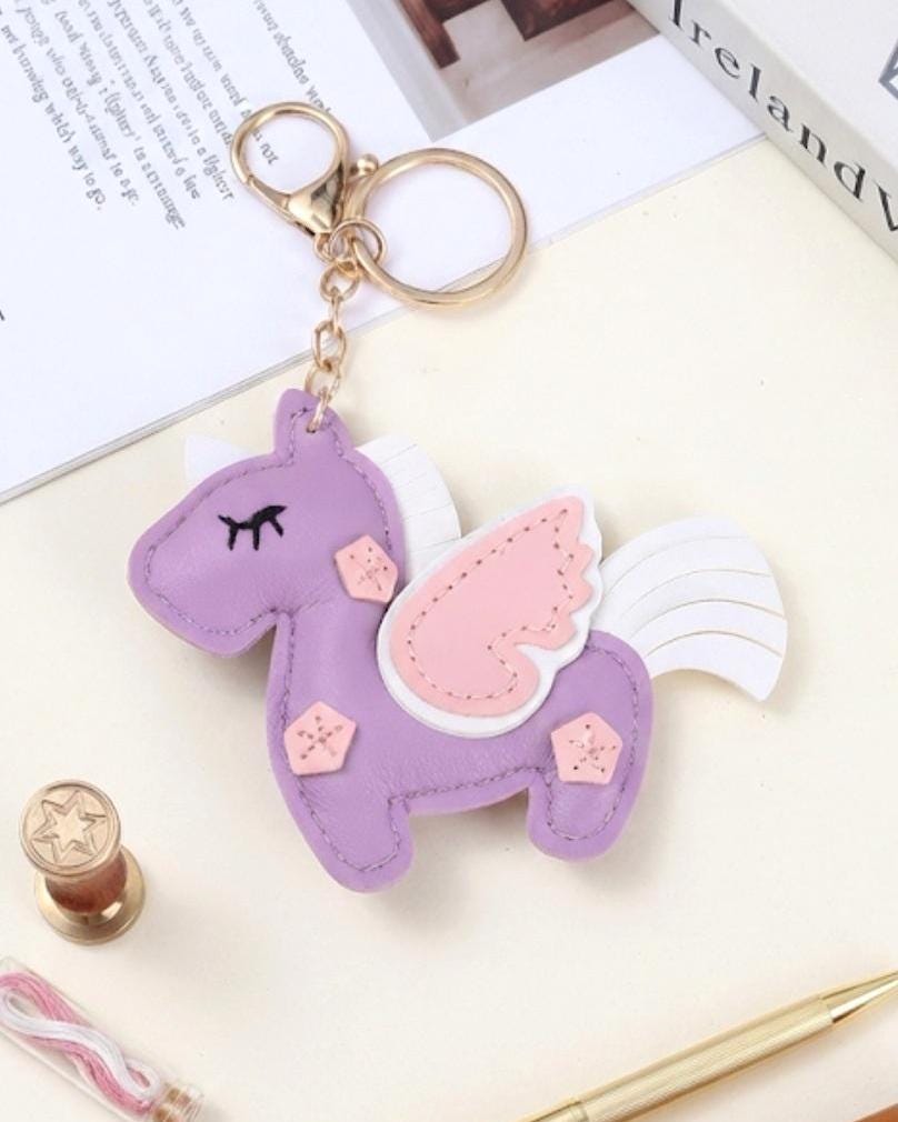 Vegan Leather Unicorn Keychain, Pastel Bag Charm, Kawaii Purse Accessory, Pink Green Purple