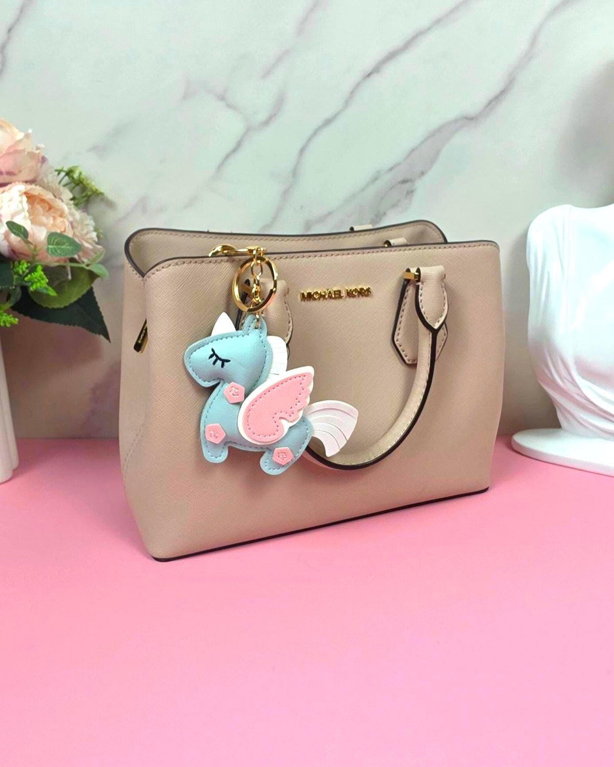 Vegan Leather Unicorn Keychain, Pastel Bag Charm, Kawaii Purse Accessory, Pink Green Purple