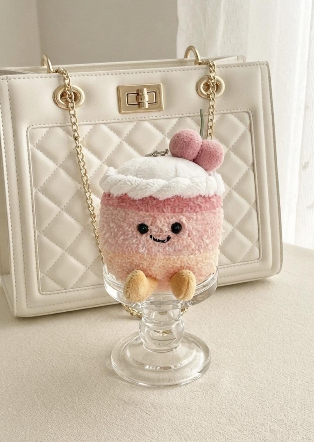 Plush Cake Keychain, Smiling Dessert Bag Charm, Kawaii Backpack Accessory, Soft Pendant