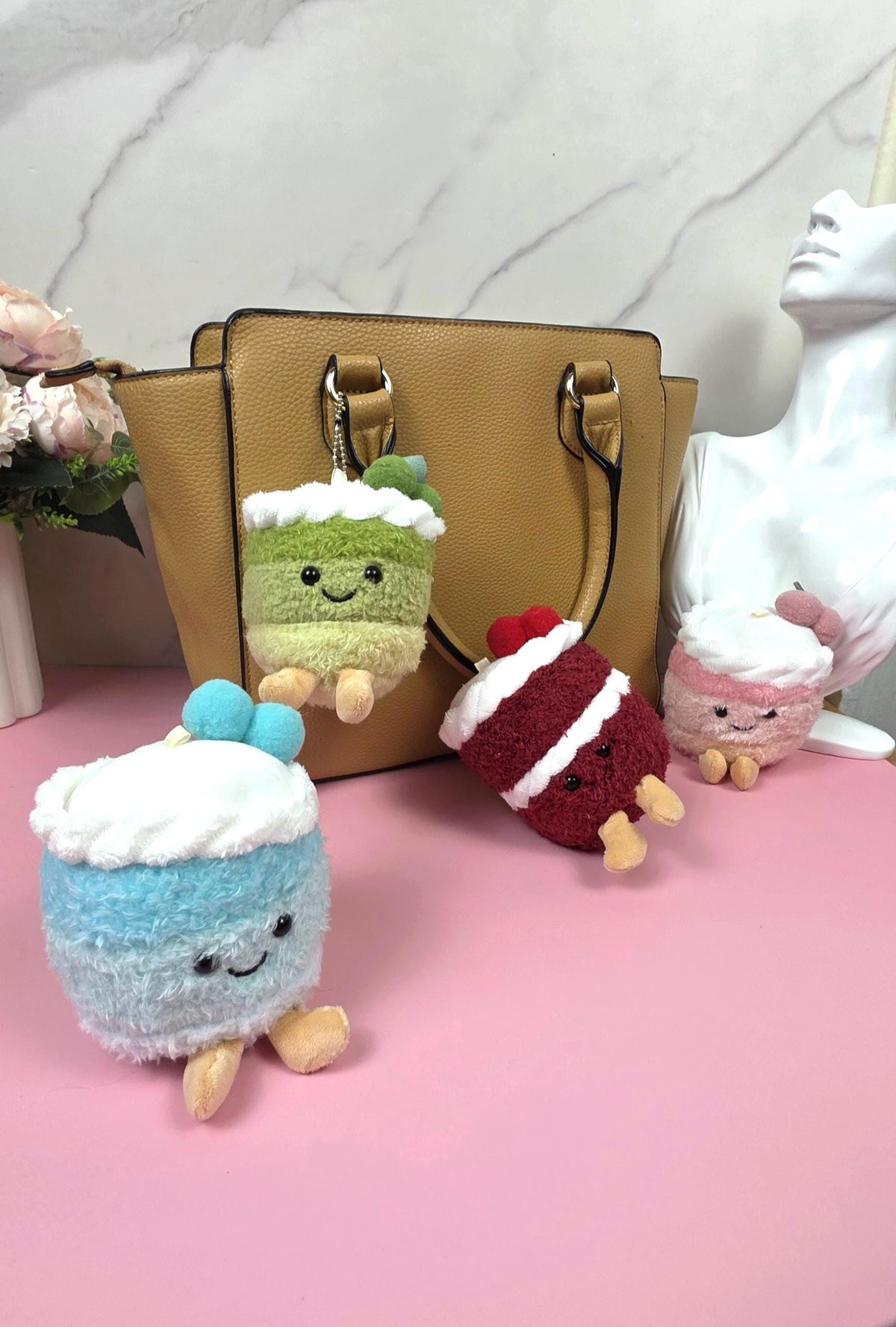 Plush Cake Keychain, Smiling Dessert Bag Charm, Kawaii Backpack Accessory, Soft Pendant