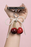 Cherry Keychain with Pearl Bow, Glossy Fruit Bag Charm, Kawaii Purse Accessory
