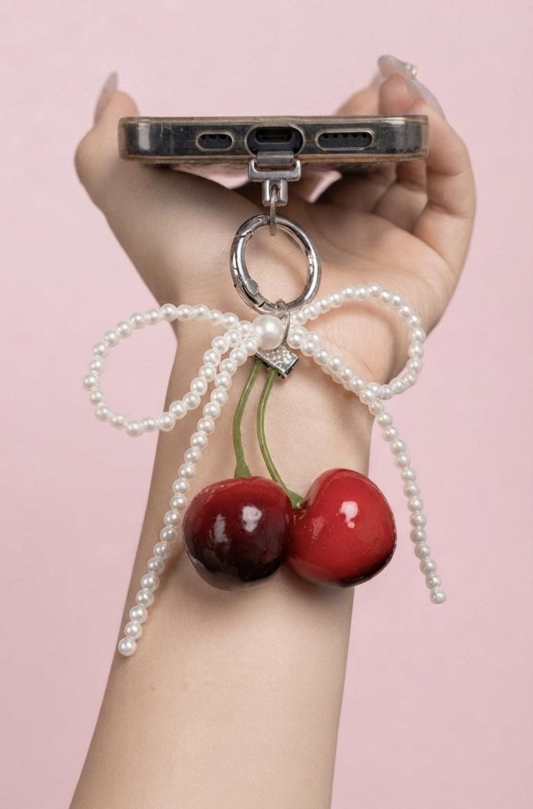 Cherry Keychain with Pearl Bow, Glossy Fruit Bag Charm, Kawaii Purse Accessory