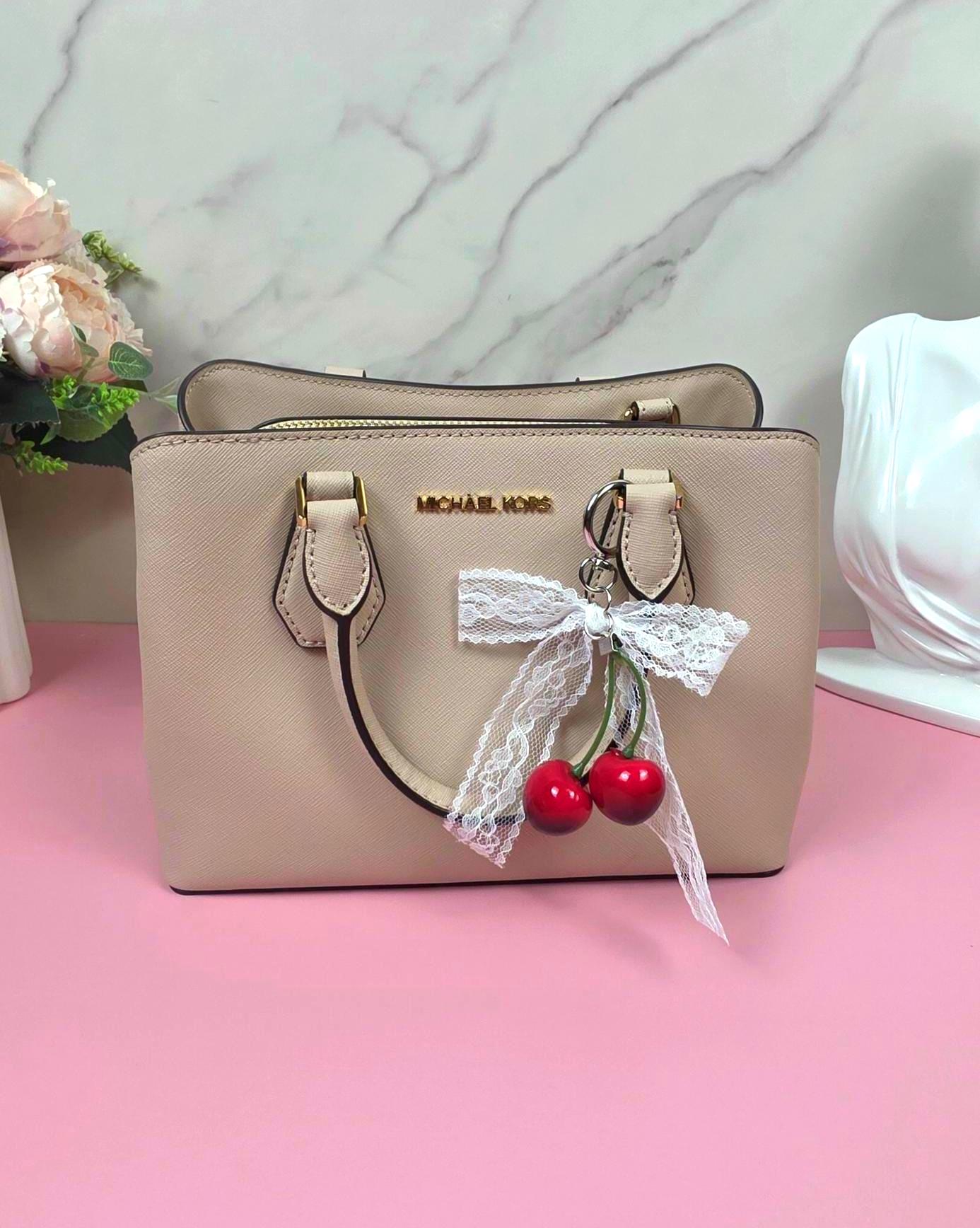 Cherry Keychain with Pearl Bow, Glossy Fruit Bag Charm, Kawaii Purse Accessory