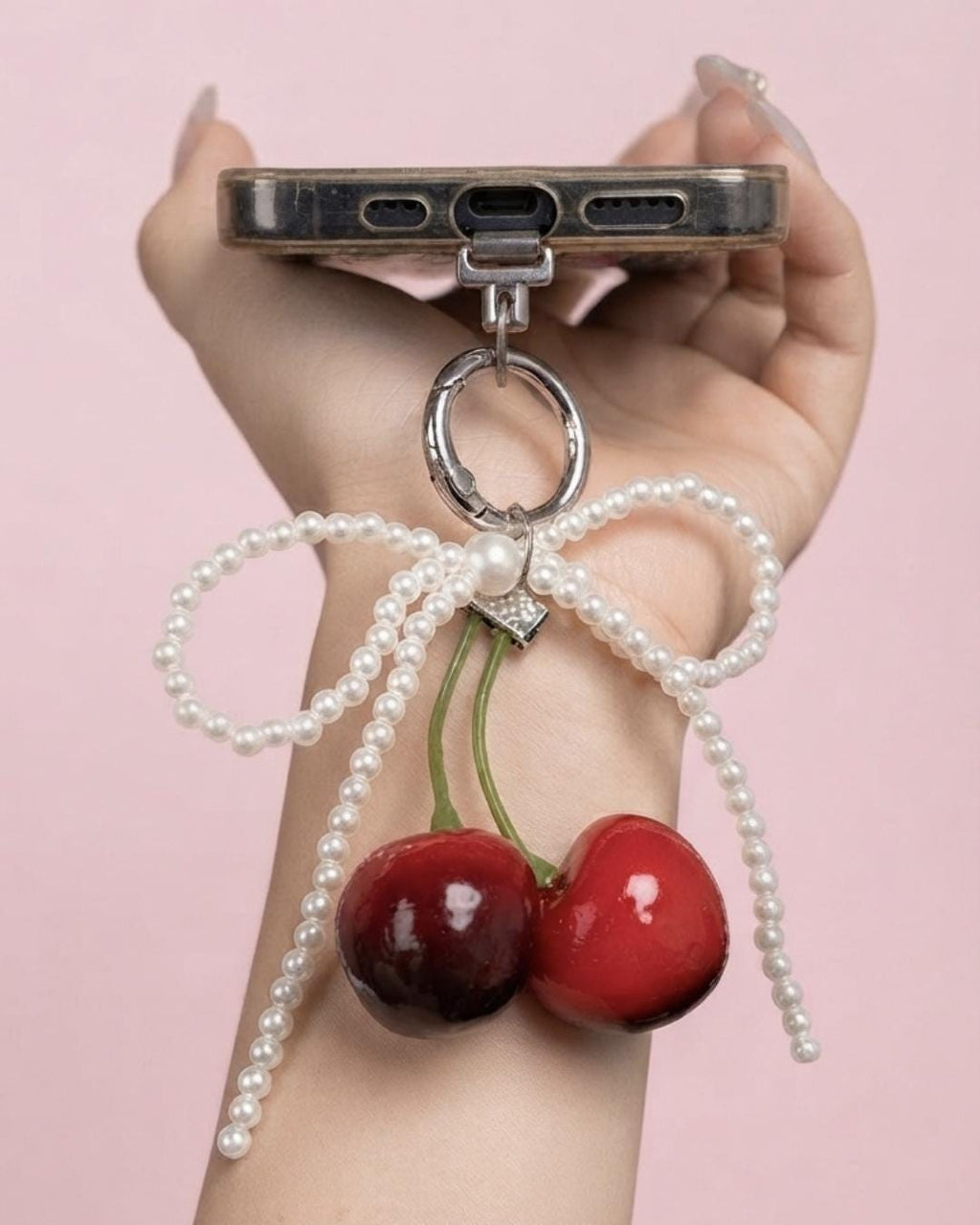 Cherry Keychain with Pearl Bow, Glossy Fruit Bag Charm, Kawaii Purse Accessory