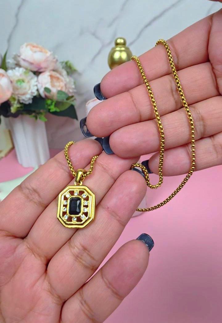 Gold Plated Octagonal Black Stone Pendant Necklace, Geometric Charm, Minimalist Jewelry