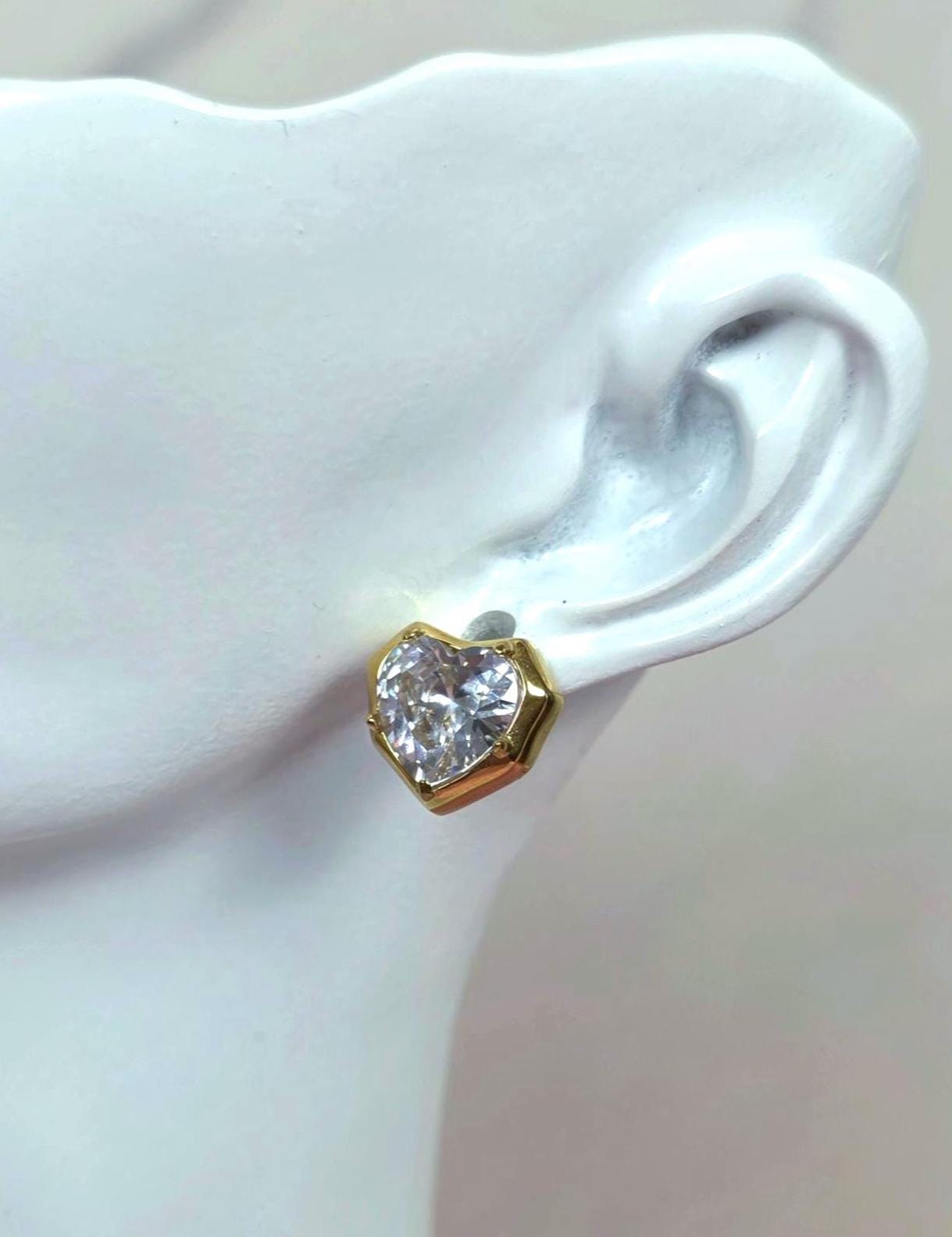 Heart Zircon Stud Earrings, 18K Gold Plated Stainless Steel, Water Resistant