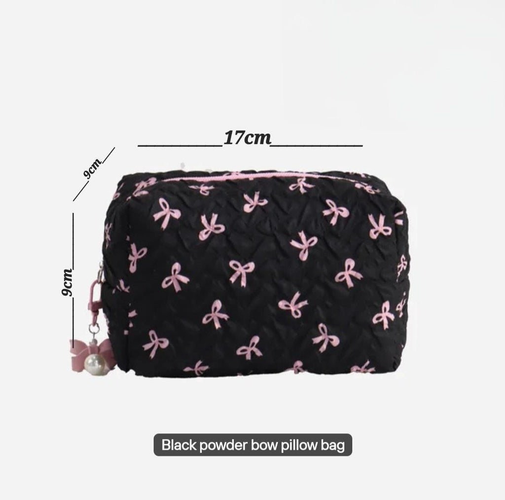 Black Coquette Quilted Makeup Bag, Pink Bow Cosmetic Pouch, Travel Toiletry Organizer