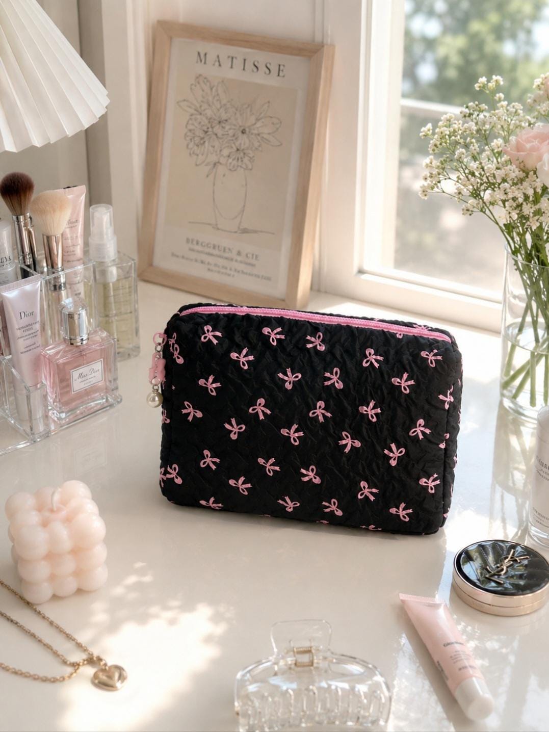 Black Coquette Quilted Makeup Bag, Pink Bow Cosmetic Pouch, Travel Toiletry Organizer