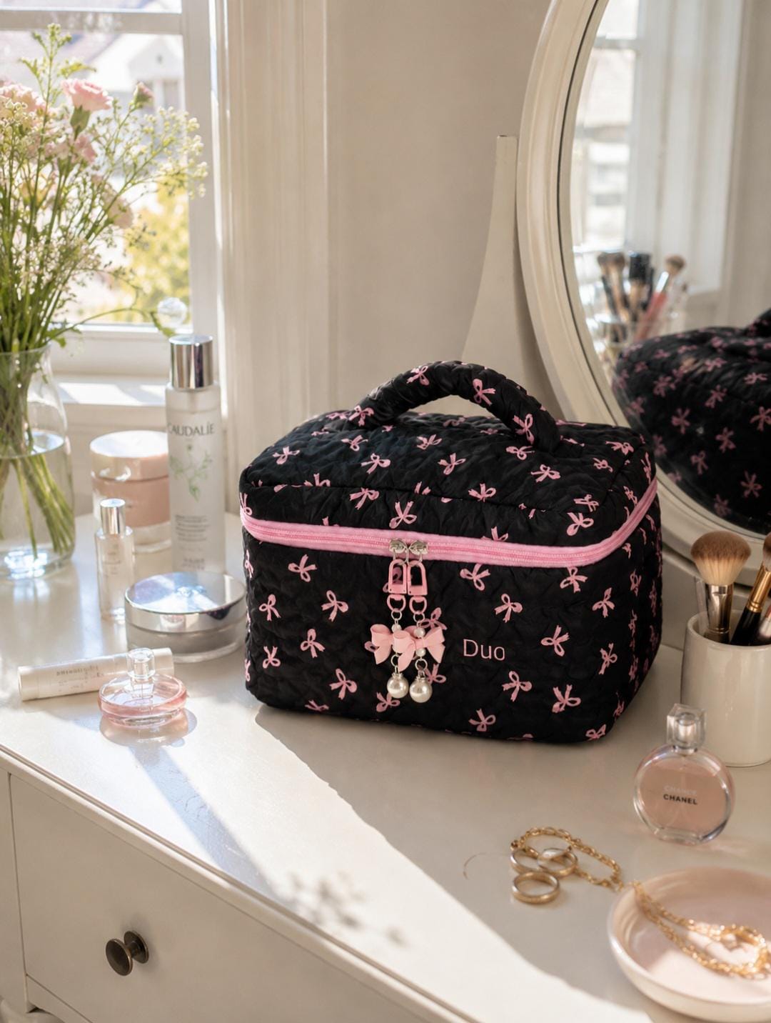 Black Coquette Quilted Makeup Bag, Pink Bow Cosmetic Pouch, Travel Toiletry Organizer