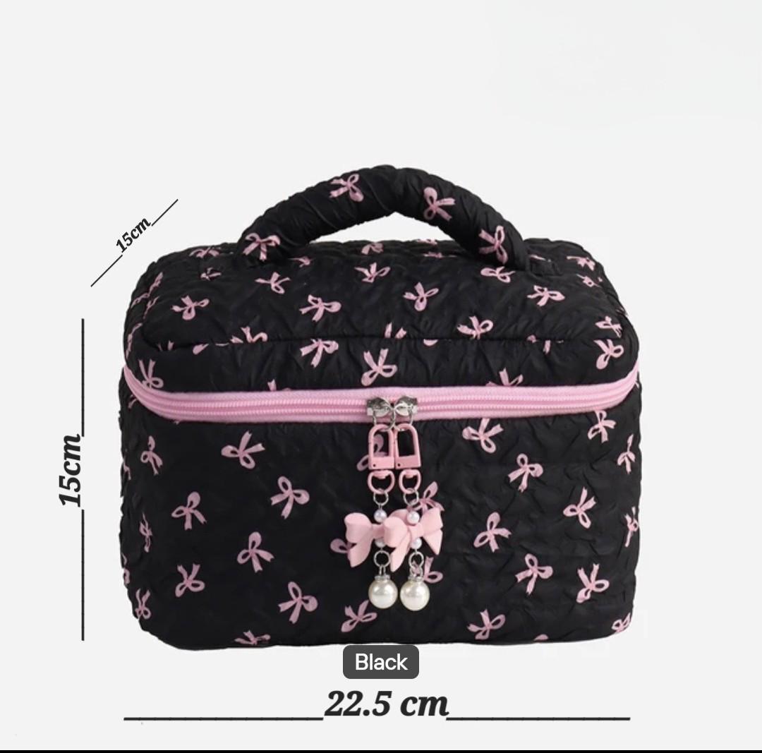Black Coquette Quilted Makeup Bag, Pink Bow Cosmetic Pouch, Travel Toiletry Organizer