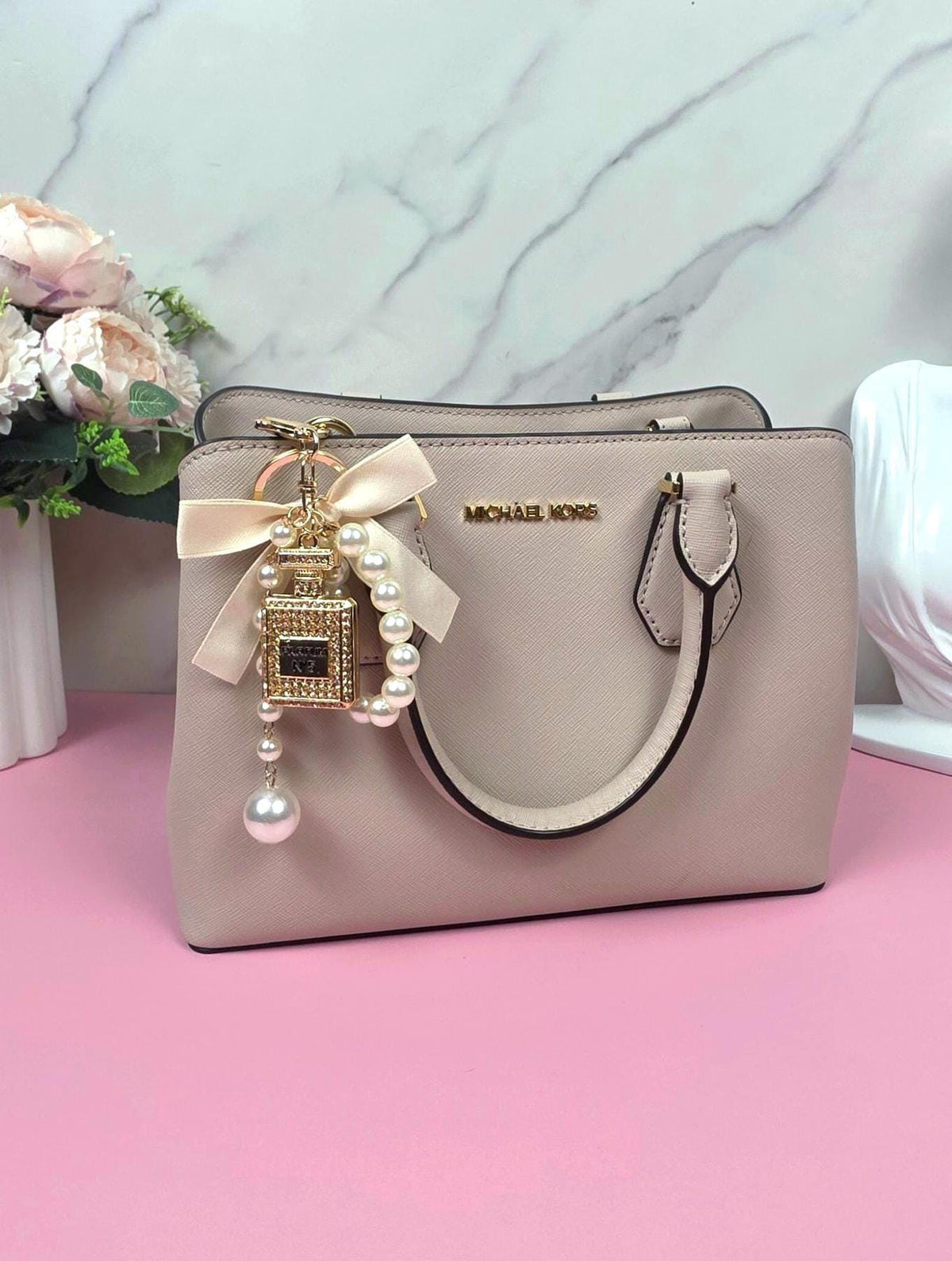 Gold Perfume Bottle Charm Keychain, Faux Pearl, Satin Bow, Rhinestone Bag Accessory