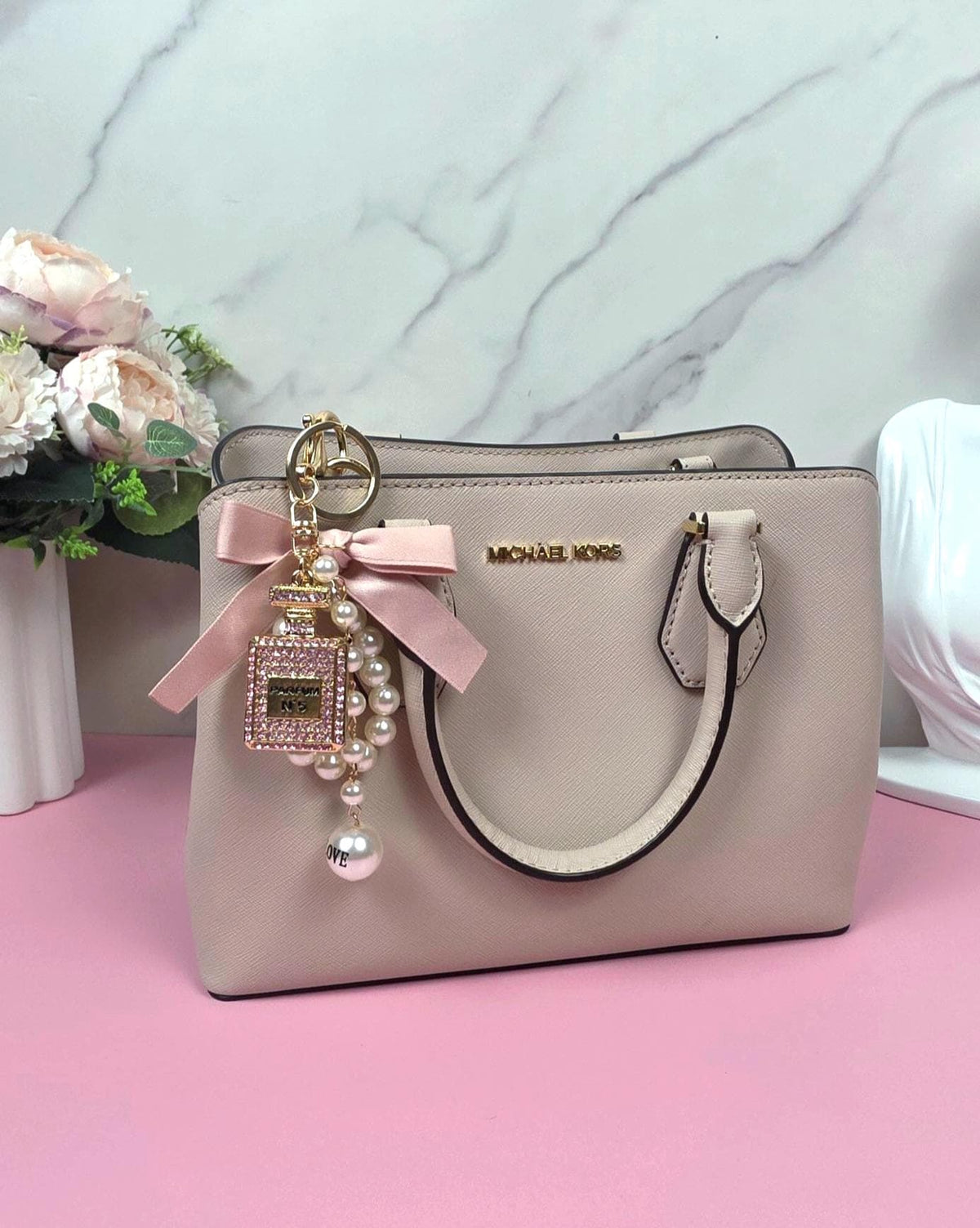 Gold Perfume Bottle Charm Keychain, Faux Pearl, Satin Bow, Rhinestone Bag Accessory