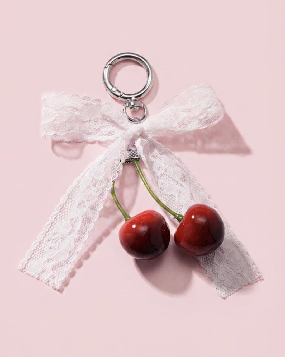 Cherry Keychain with Pearl Bow, Glossy Fruit Bag Charm, Kawaii Purse Accessory