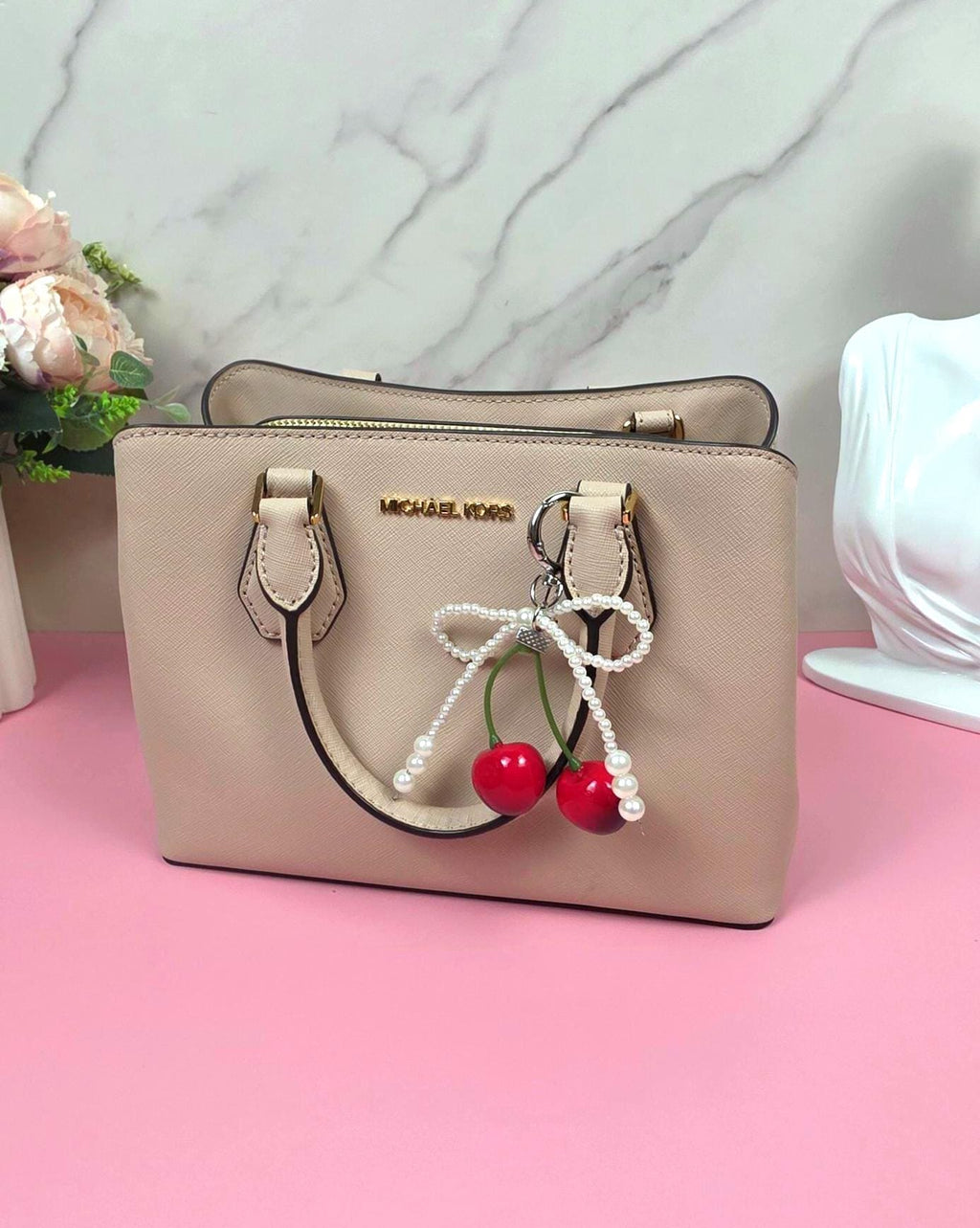 Cherry Keychain with Pearl Bow, Glossy Fruit Bag Charm, Kawaii Purse Accessory