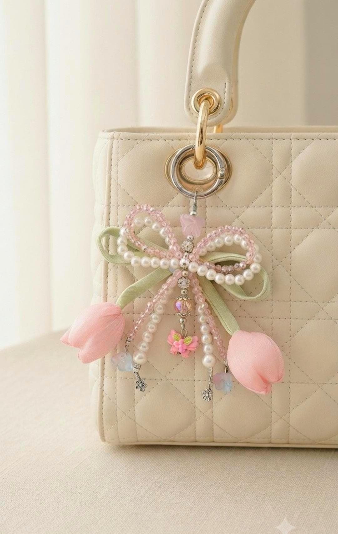 Tulip Flower Keychain, Pearl Beaded Bow Charm, Coquette Bag Accessory