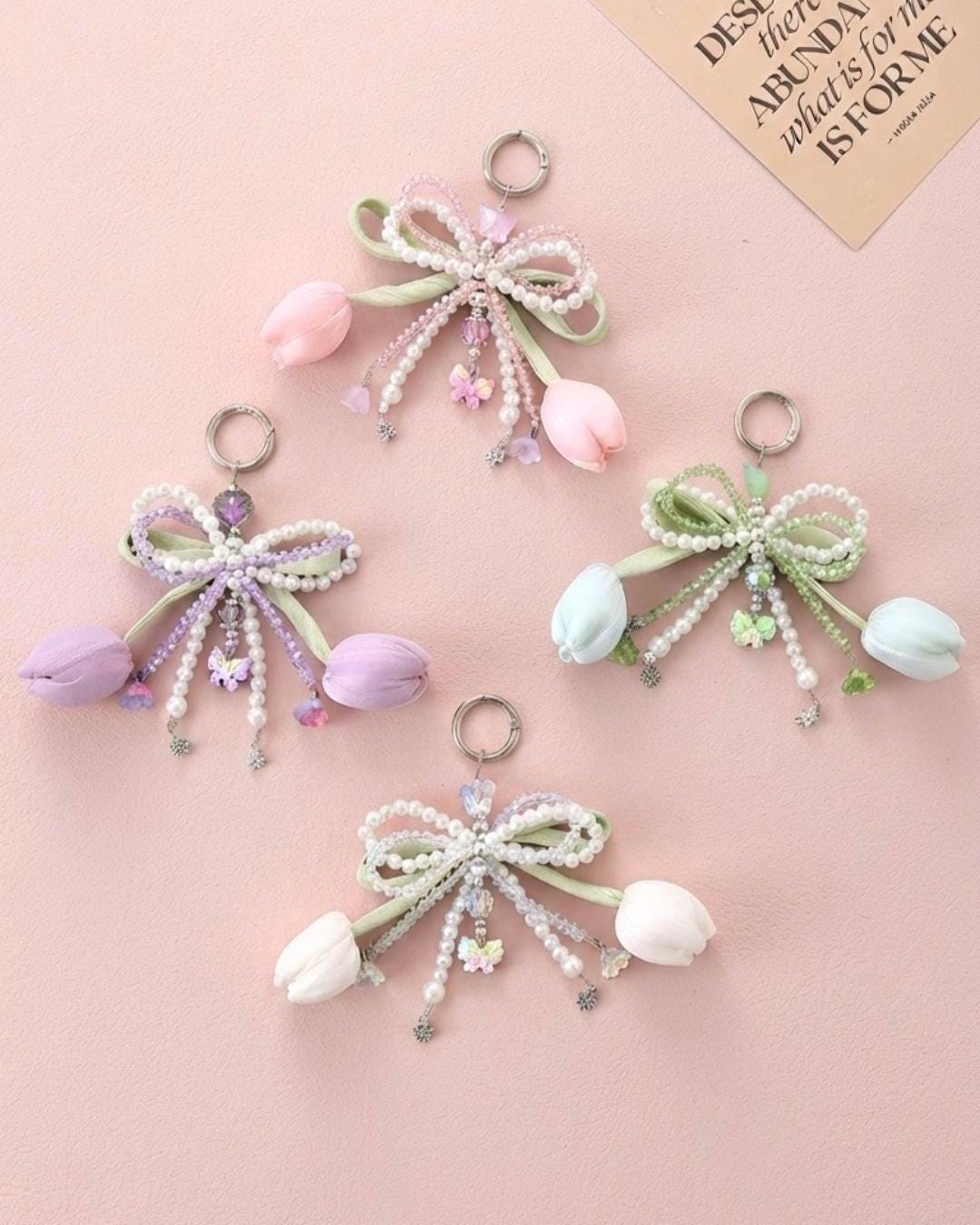 Tulip Flower Keychain, Pearl Beaded Bow Charm, Coquette Bag Accessory