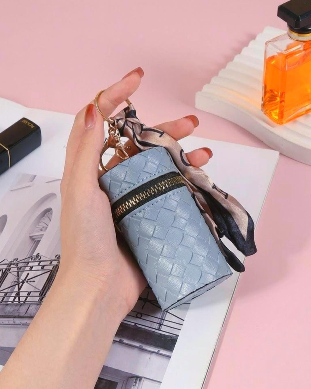 Woven Mini Coin Purse Keychain, Vegan Leather Coin Pouch, Zipper Wallet Charm, AirPods Case, Purse Accessory, Gift for Women